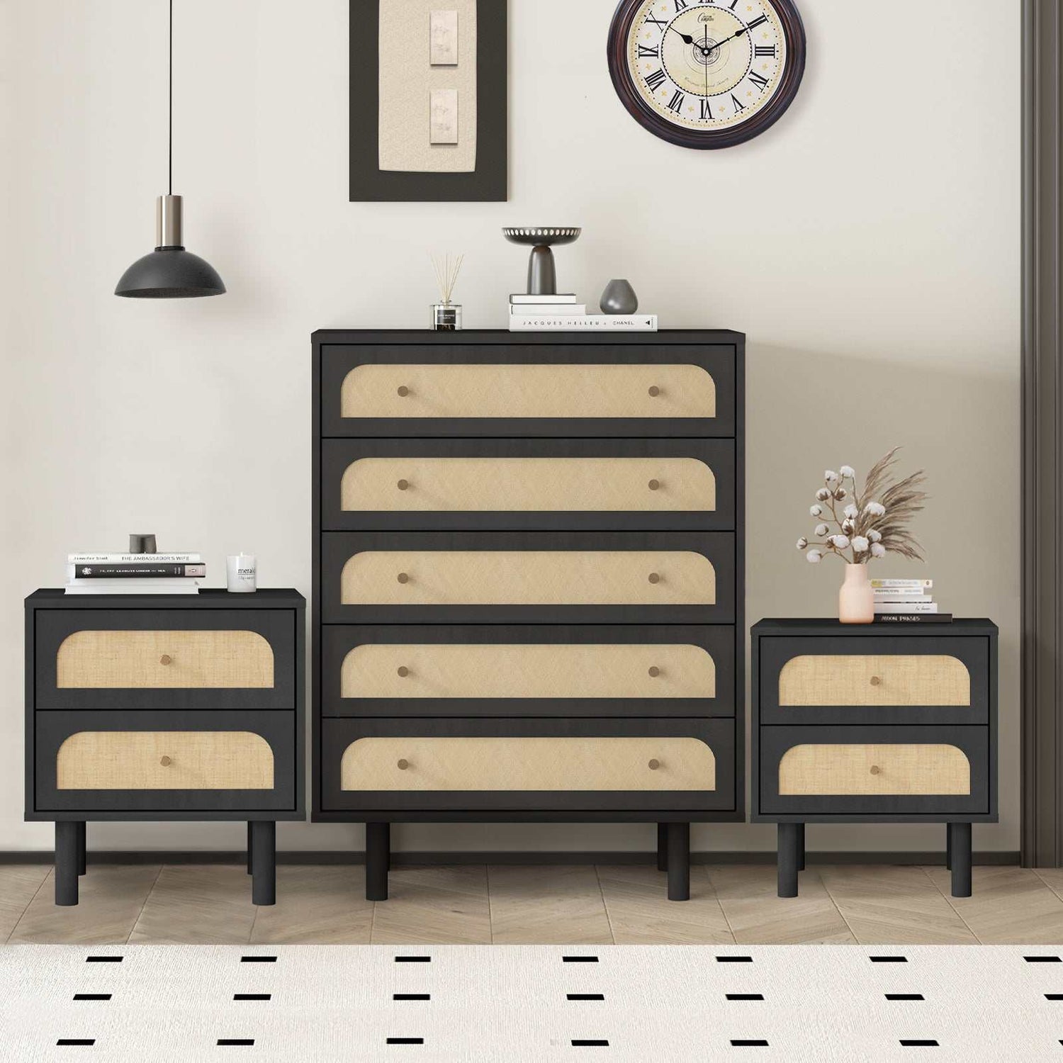 5-Drawer Chest of Drawers Dresser, 2 Bedside Tables for Modern Bedroom