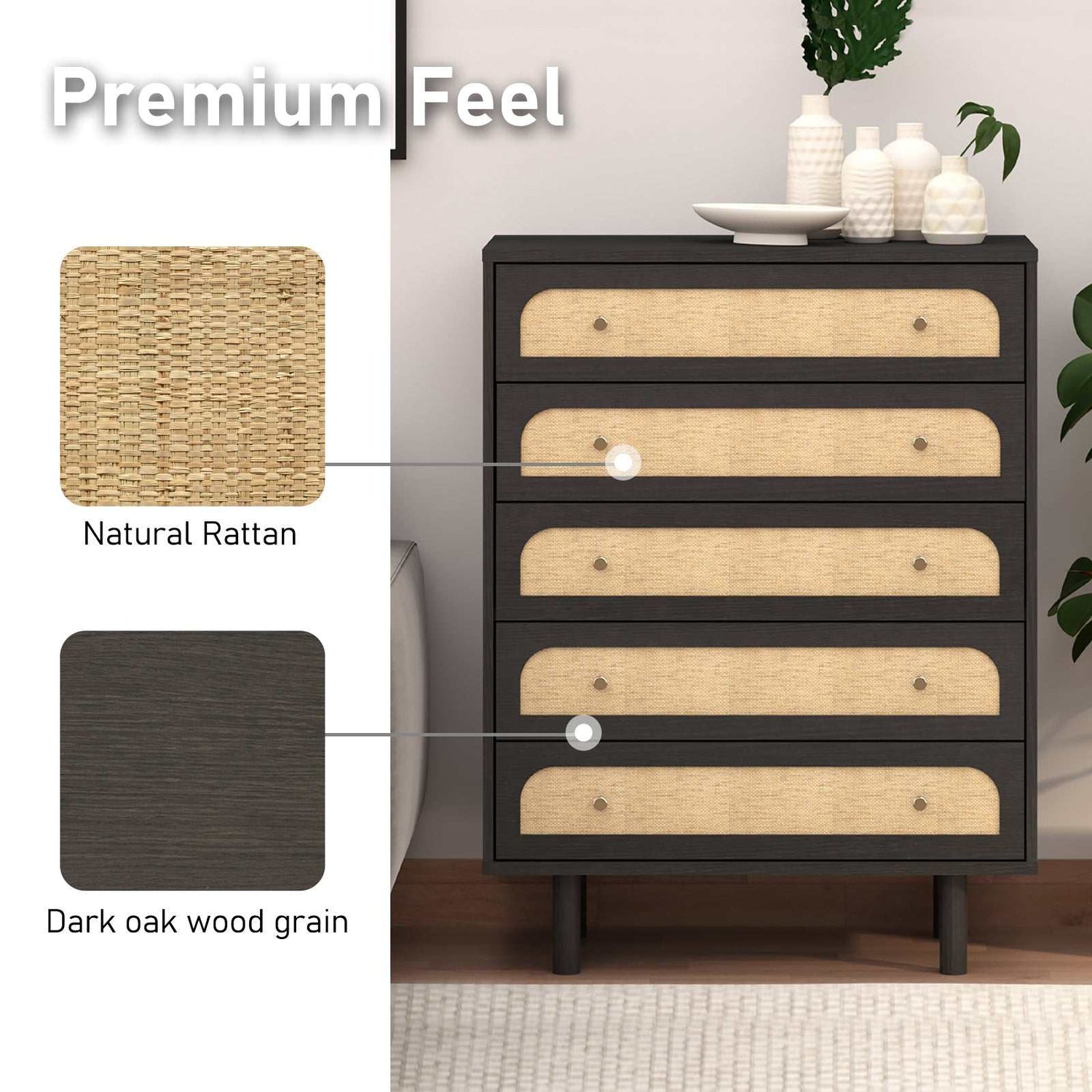 Elisa Bedroom Storage Set Black 5 Drawer Tallboy with Duo Bedside
