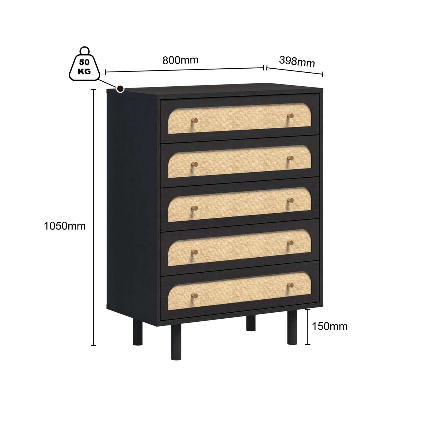 Elisa Bedroom Storage Set Black 5 Drawer Tallboy with Duo Bedside