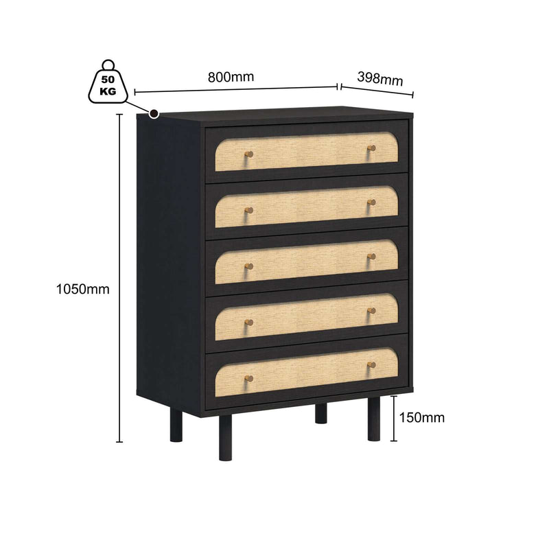 Elisa Bedroom Storage Set Black 5 Drawer Tallboy with Duo Bedside