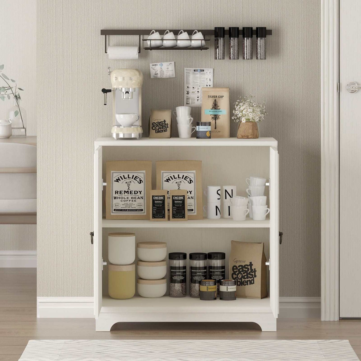 White cabinet with decorative items in a room setting