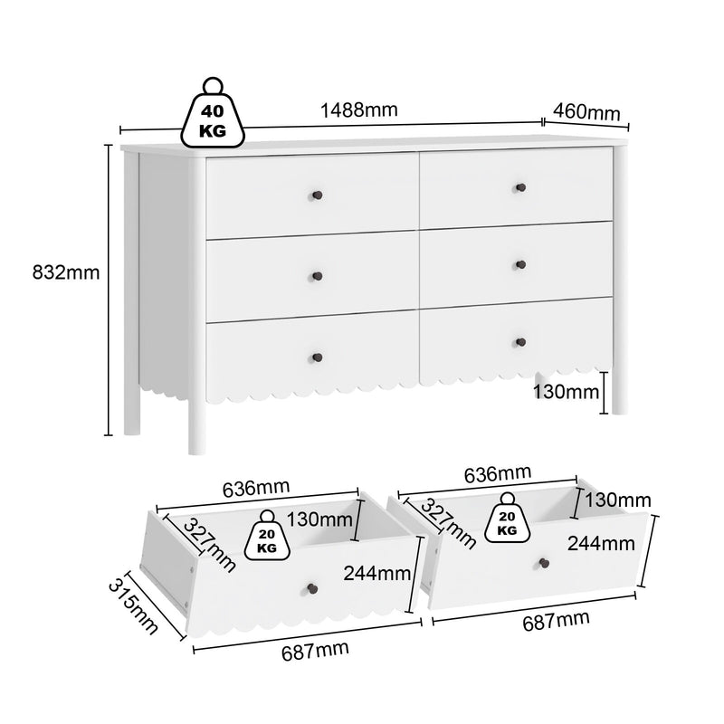 Harla 6-Drawer Dresser in White with Elegant Scalloped Detailing