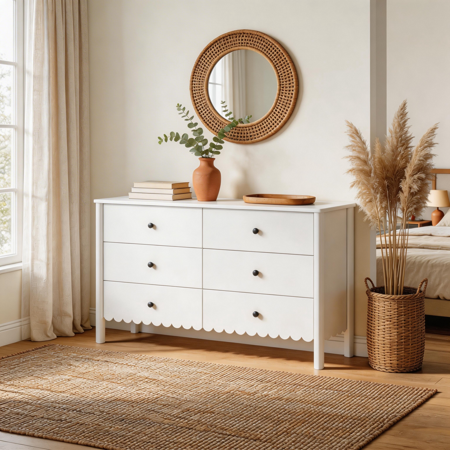 White dresser with decorative items in a bedroom setting