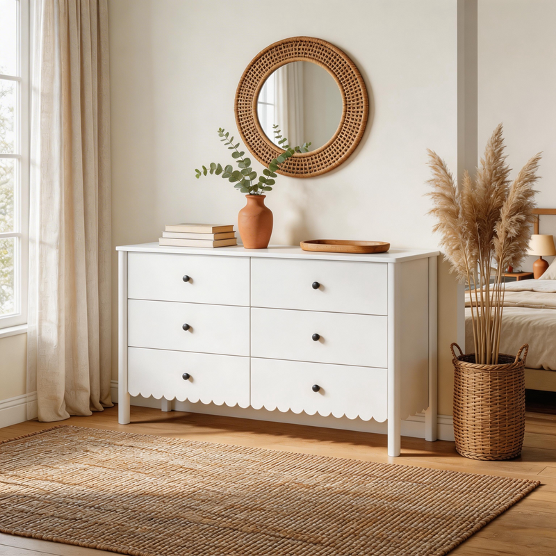 White dresser with decorative items in a bedroom setting