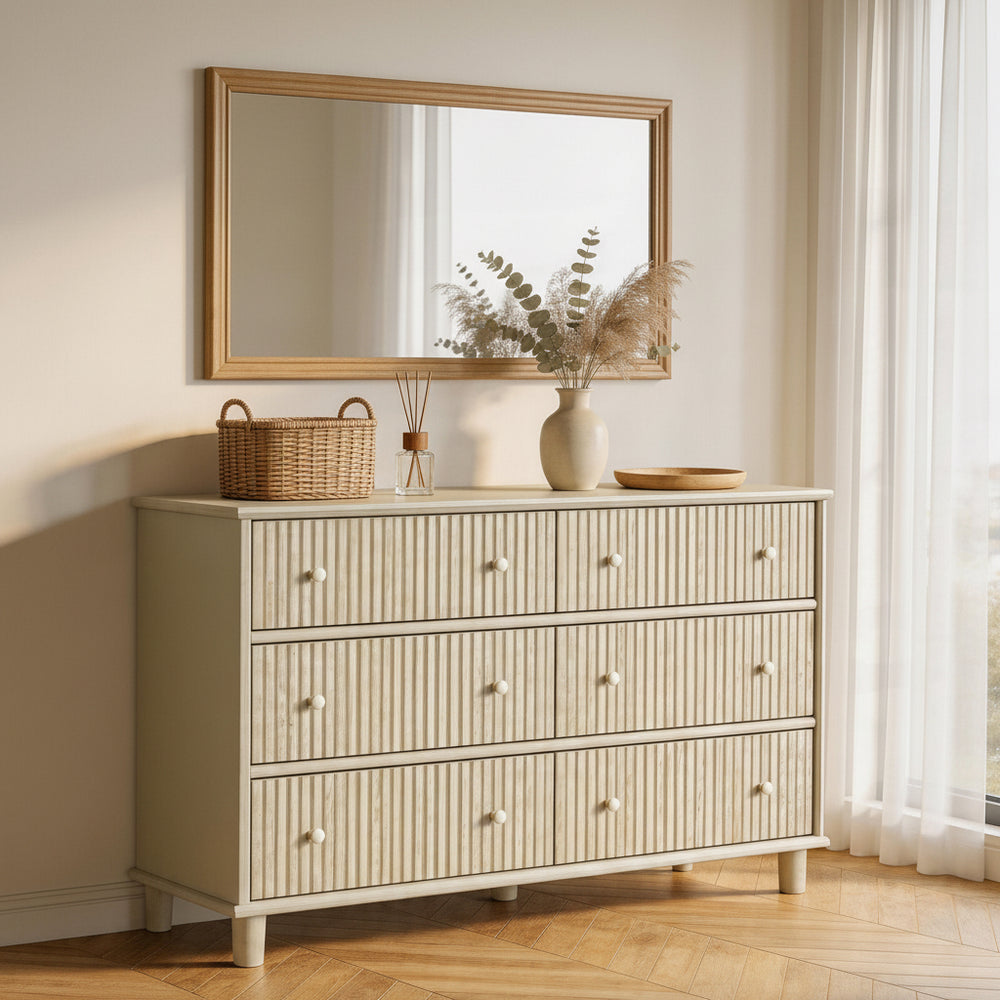 Latimet Coastal 6-Drawer Chest – Light Ash with Fluted Detailing