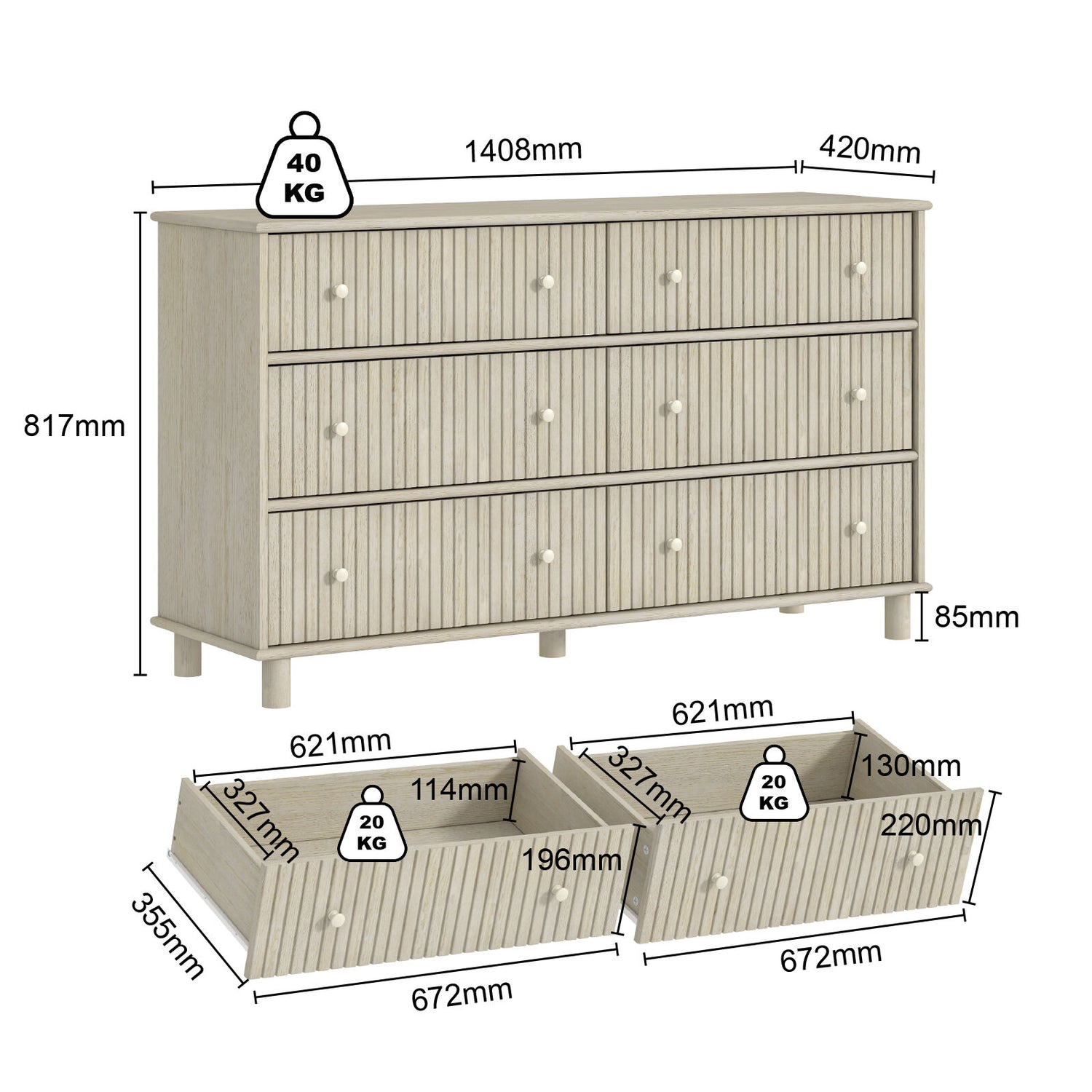 Latimet Coastal 6-Drawer Chest – Light Ash with Fluted Detailing