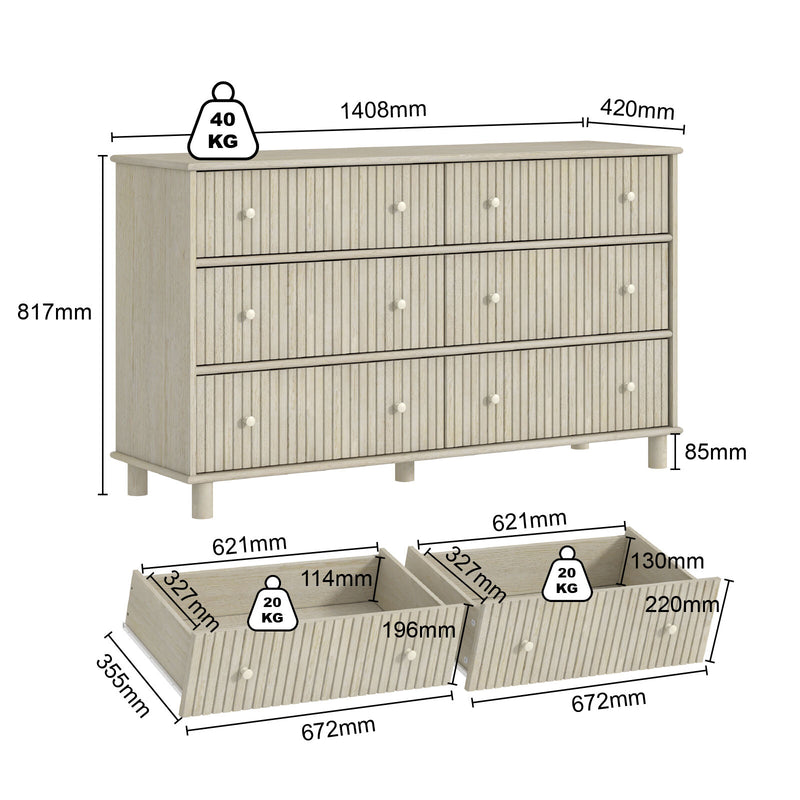 Latimet Coastal 6-Drawer Chest – Light Ash with Fluted Detailing