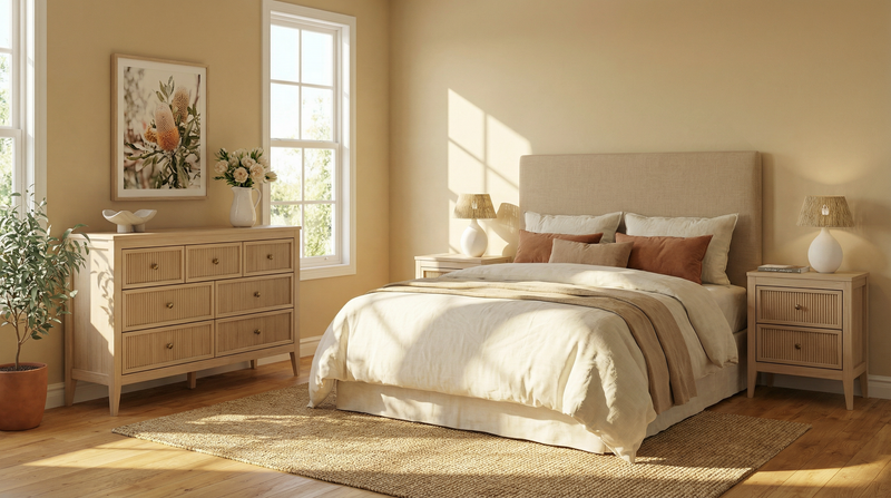 Neatly arranged bedroom with a bed, dresser, and side tables.