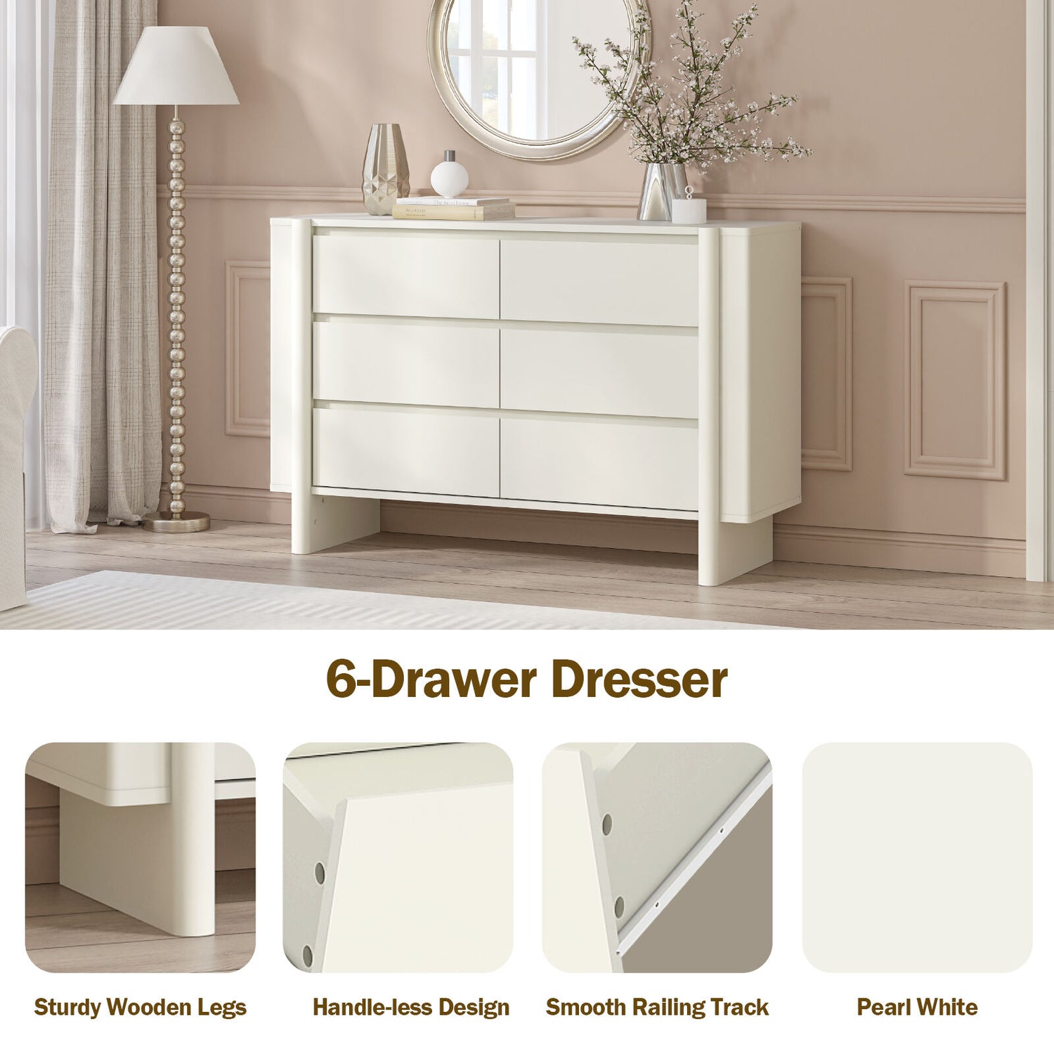 Taylor 6-Drawer Chest of Drawers | Sleek White Lowboy Dresser for Bedroom Storage