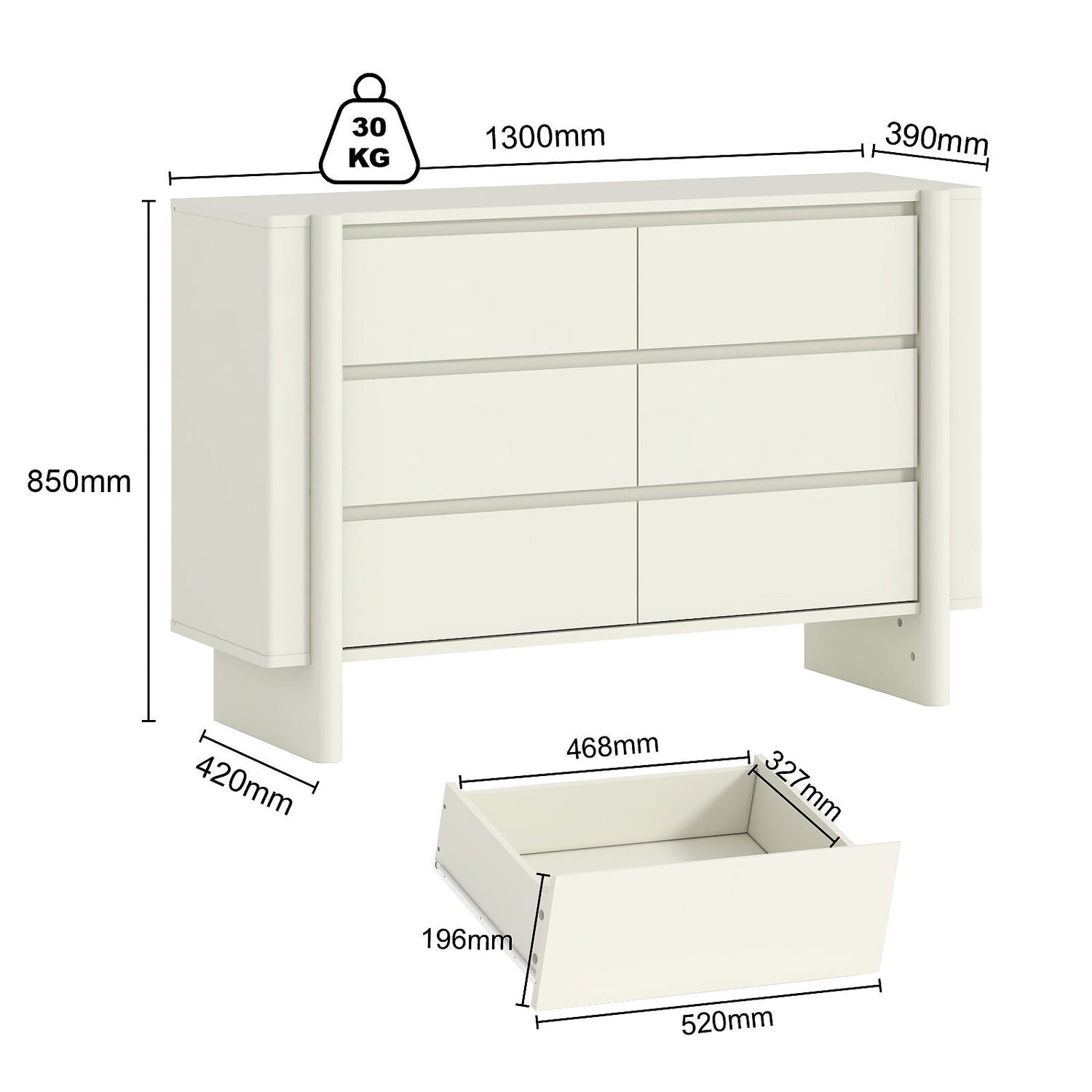 Taylor 6-Drawer Chest of Drawers | Sleek White Lowboy Dresser for Bedroom Storage