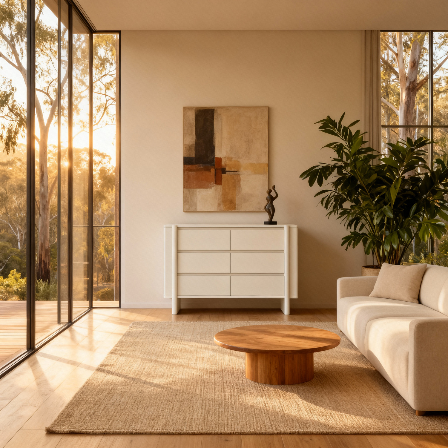 Modern living room with large windows, white sofa, wooden coffee table, and abstract painting.