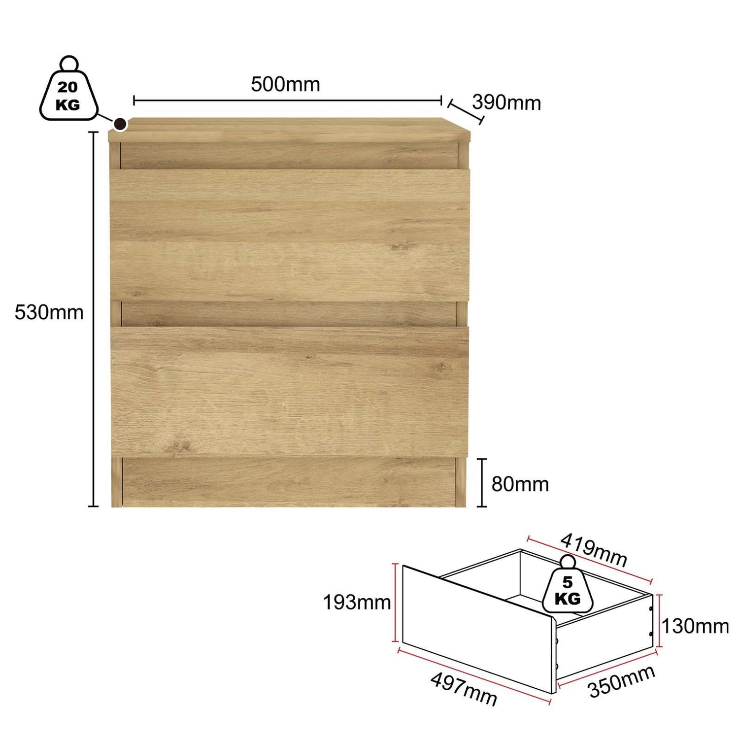 Luna Light Oak 2-Drawer Bedside Table