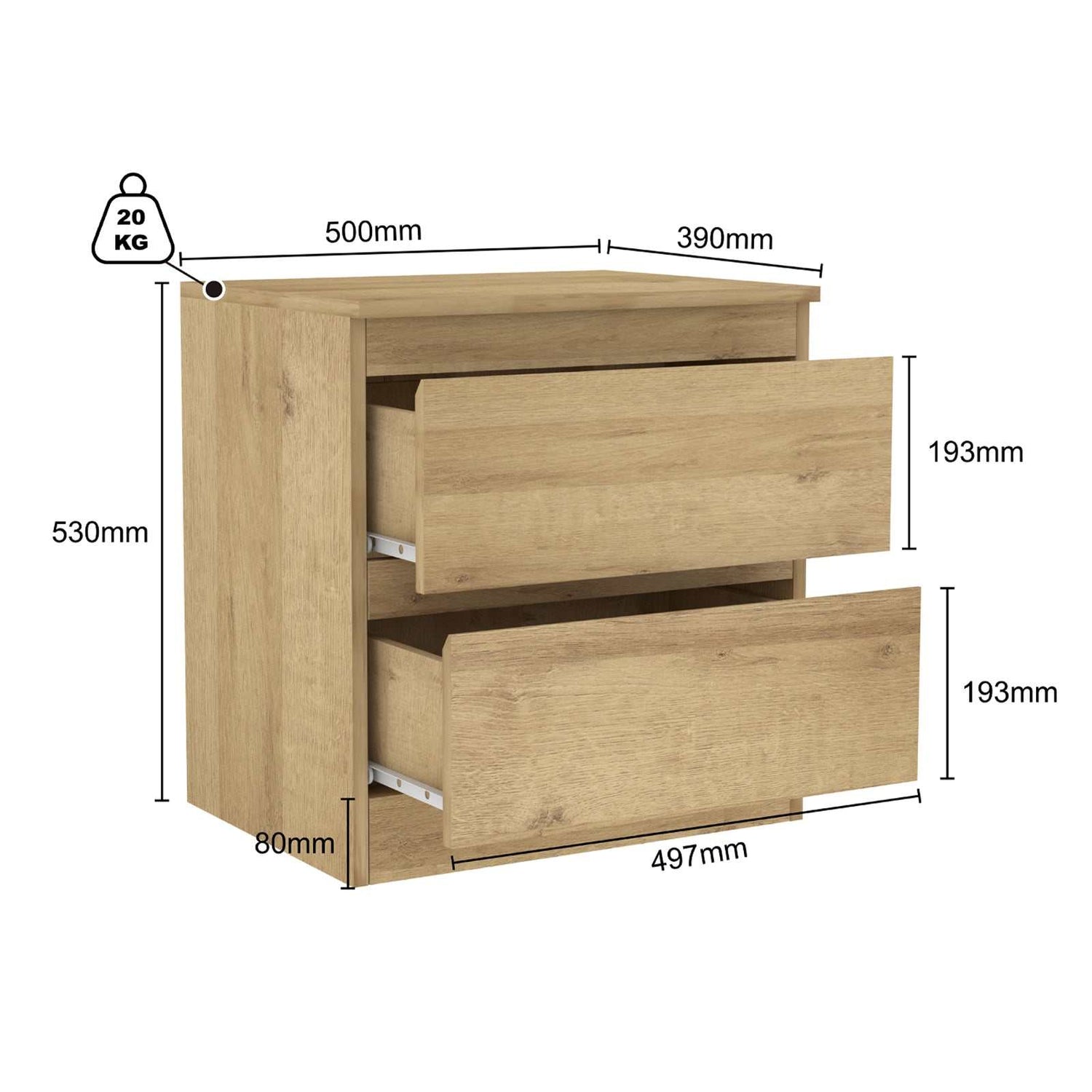 Luna Light Oak 2-Drawer Bedside Table