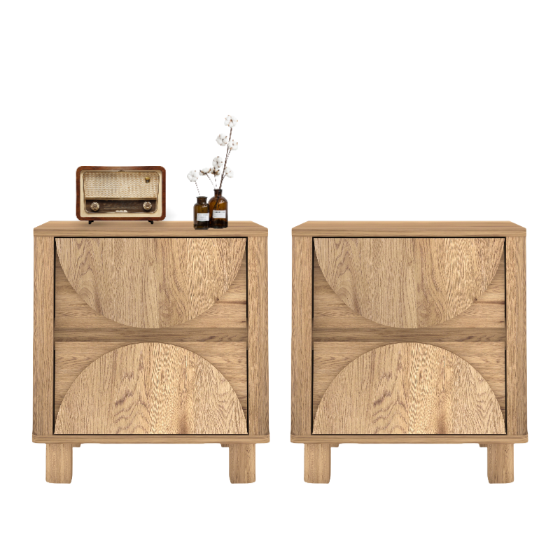 Arched bedside table set of 2 with drawers featuring mid-century modern design and curved patterns for bedroom decor.