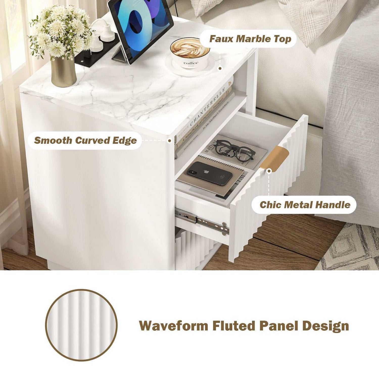 Arlo White RGB LED Bedside Table with USB Charging Station – Contemporary and Functional
