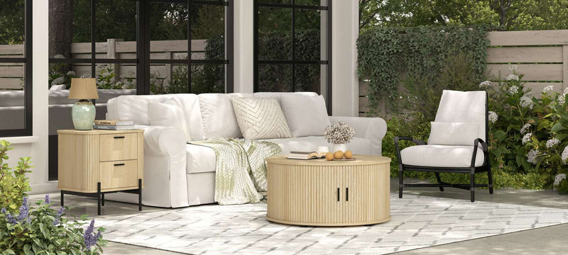Ayla Living Room Set – Round Fluted Coffee Table (80cm) with Sliding Tambour Door + Matching Fluted End Table