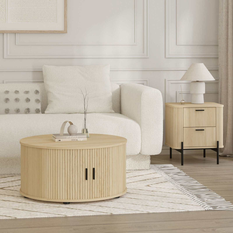Ayla Living Room Set – Round Fluted Coffee Table (80cm) with Sliding Tambour Door + Matching Fluted End Table