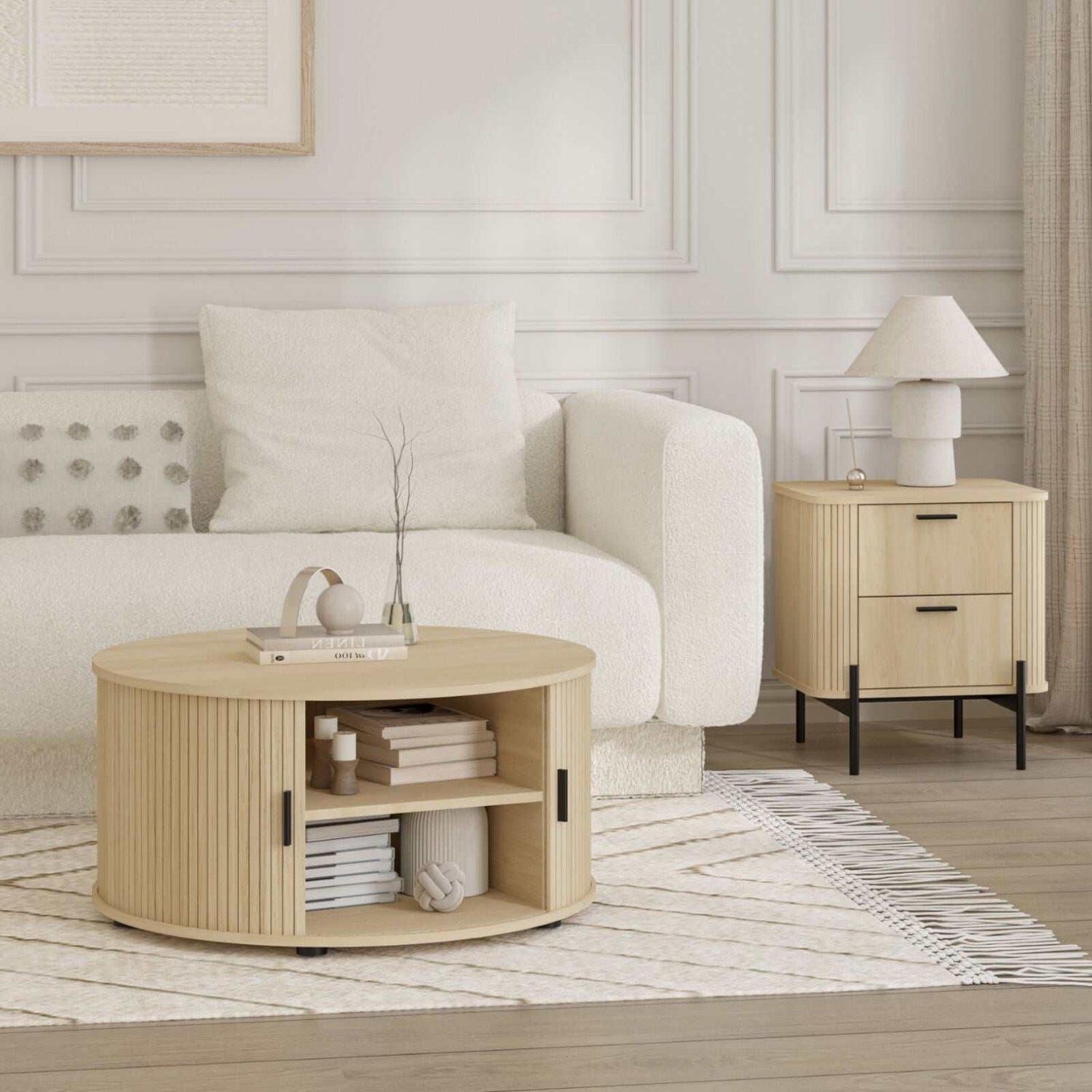 Fluted Bedside Table and Round Coffee Table in minimal living room setup, showcasing modern design with sliding tambour door and light wood finish.