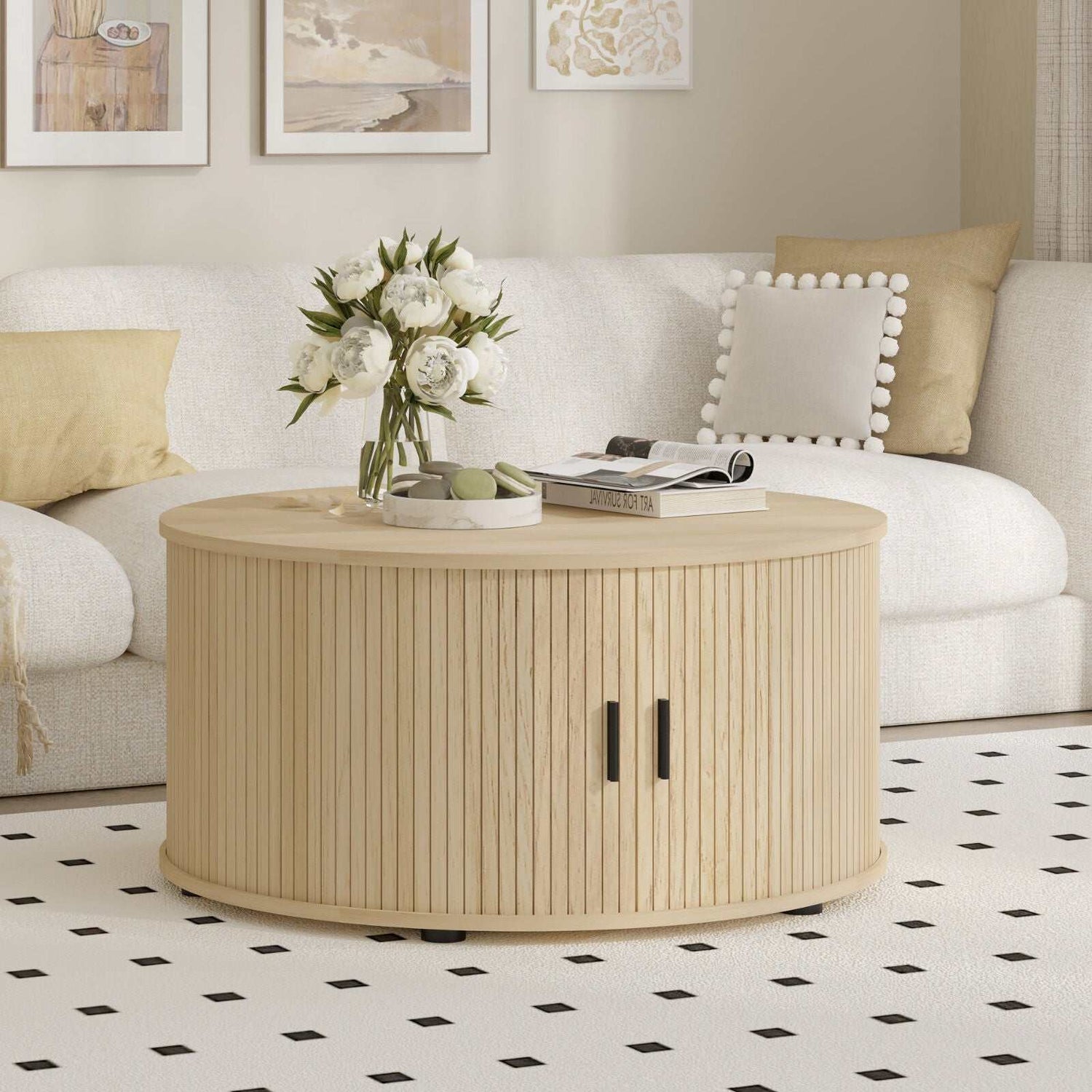 Ayla Living Room Set – Round Fluted Coffee Table (80cm) with Sliding Tambour Door + Matching Fluted End Table