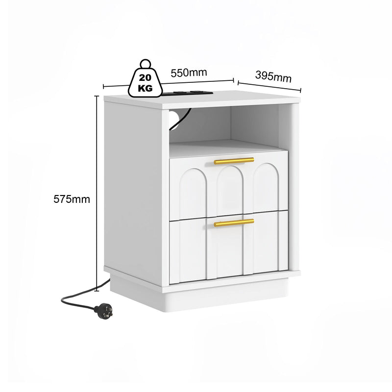 Opera White Bedside Table with Charging Station