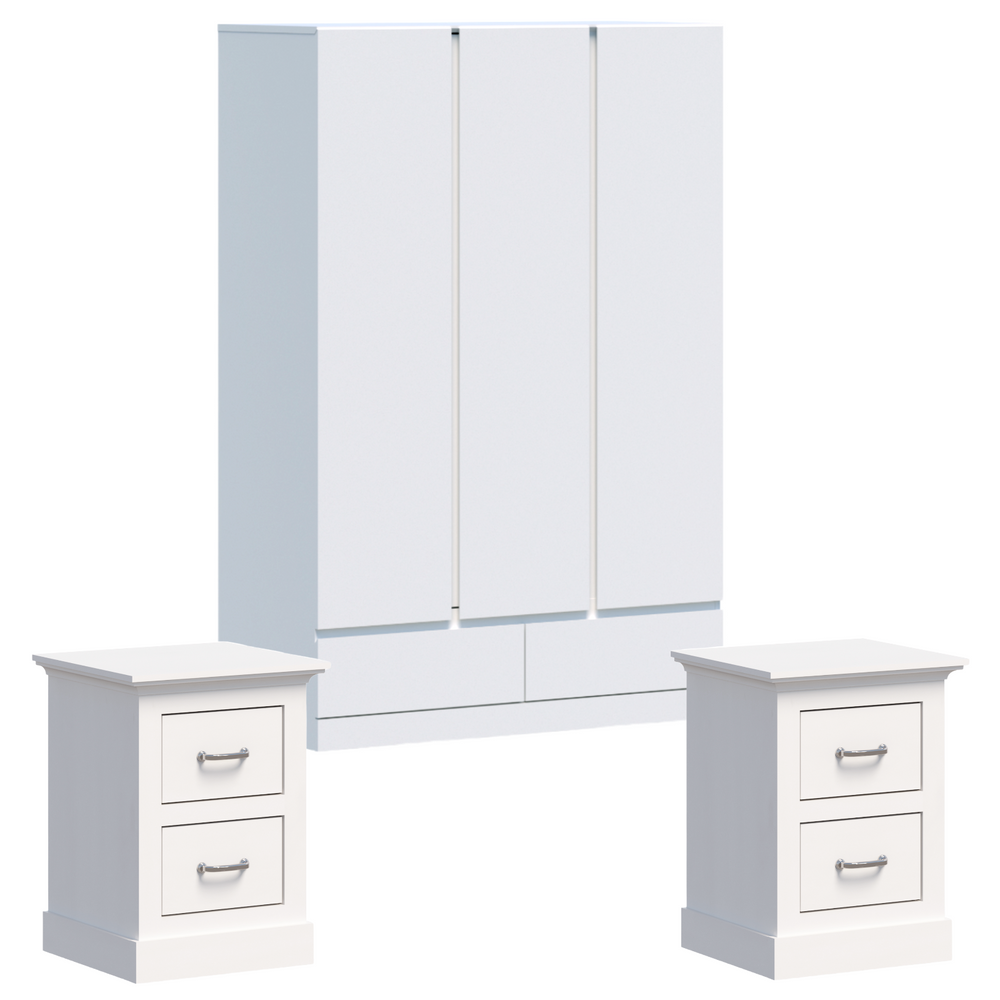 3 Door 2 Drawer Wardrobe and 2 Bedside Tables in white finish with contemporary design and ample storage.