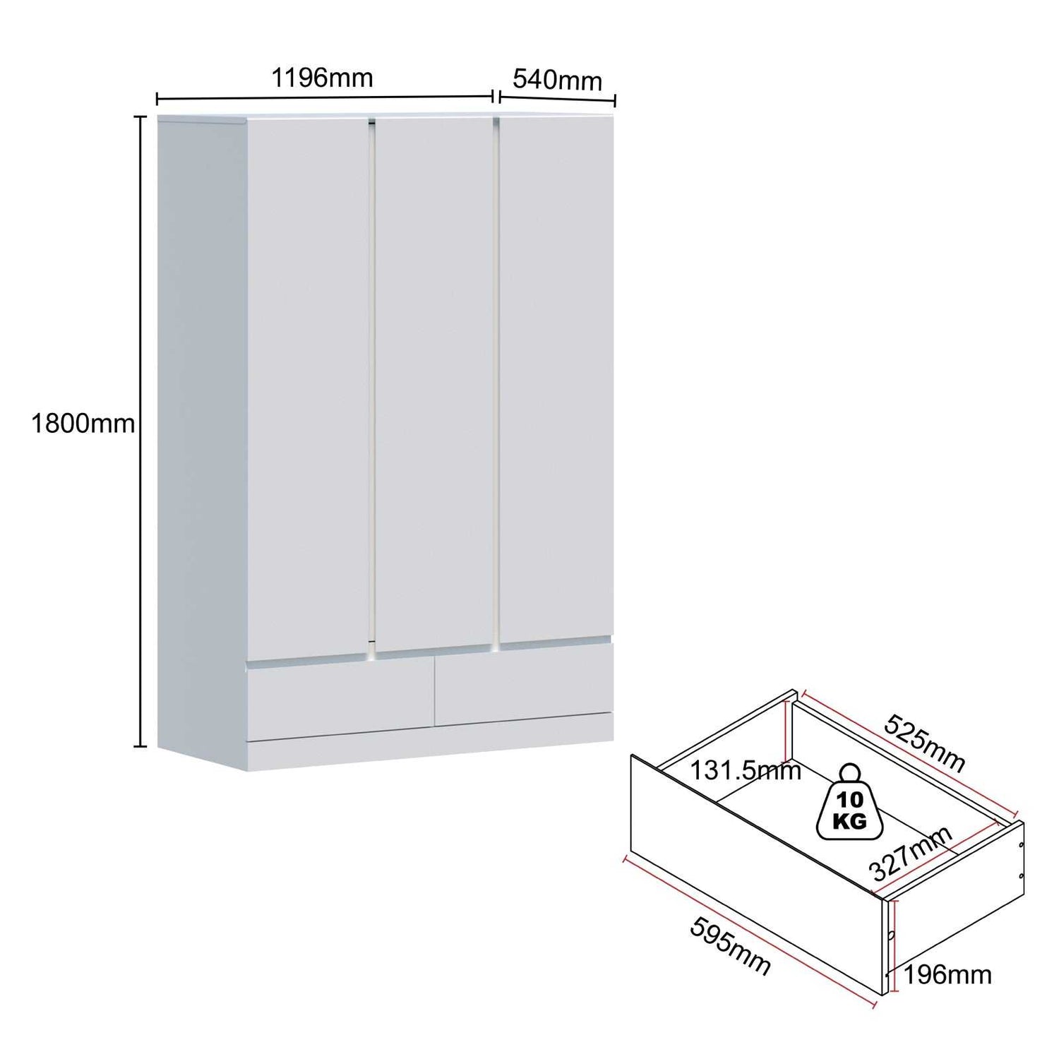 3 Door 2 Drawer Wardrobe and 2 Bedside Tables White