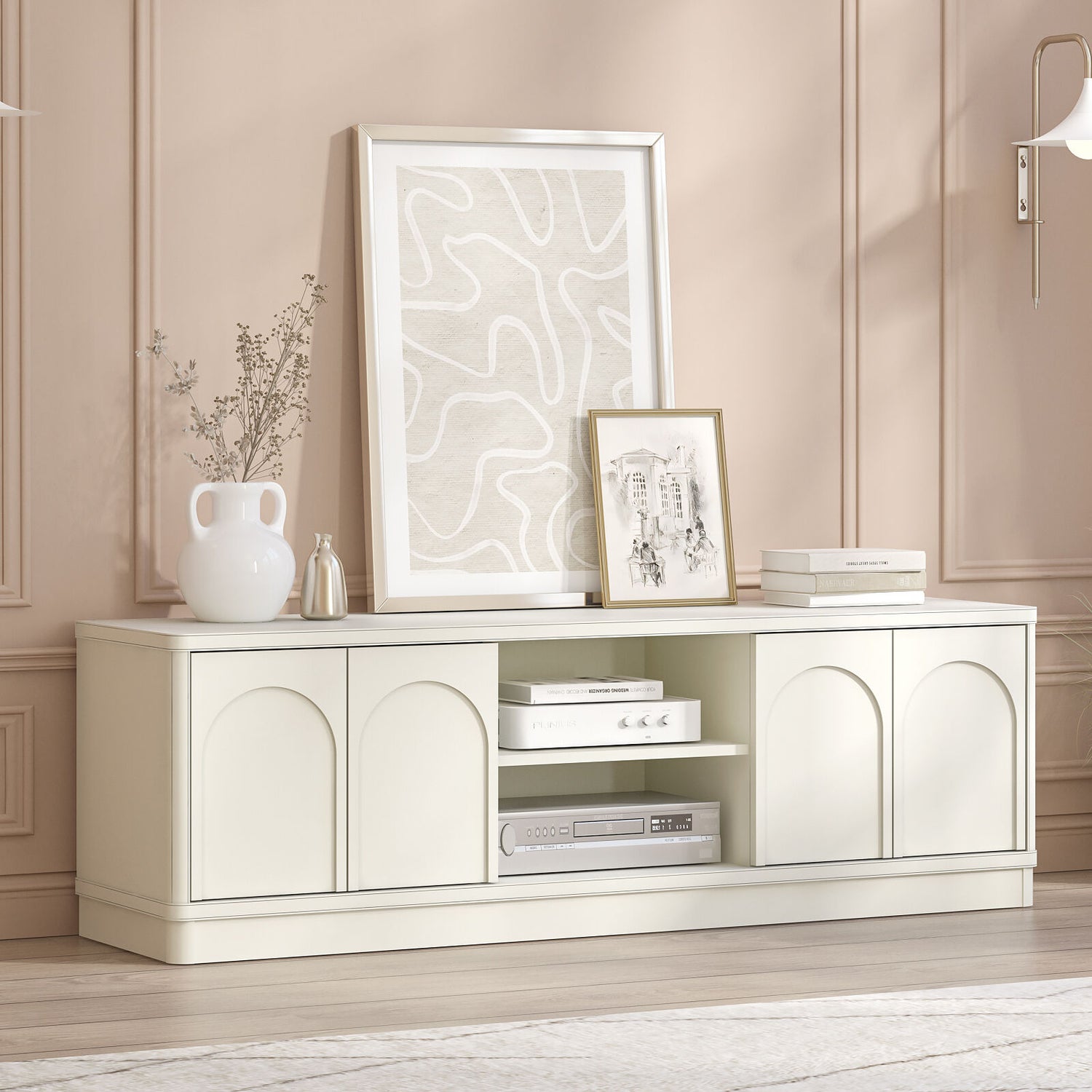 Soren Arched 140cm TV Entertainment Unit - Elegant White Cabinet with Adjustable Storage