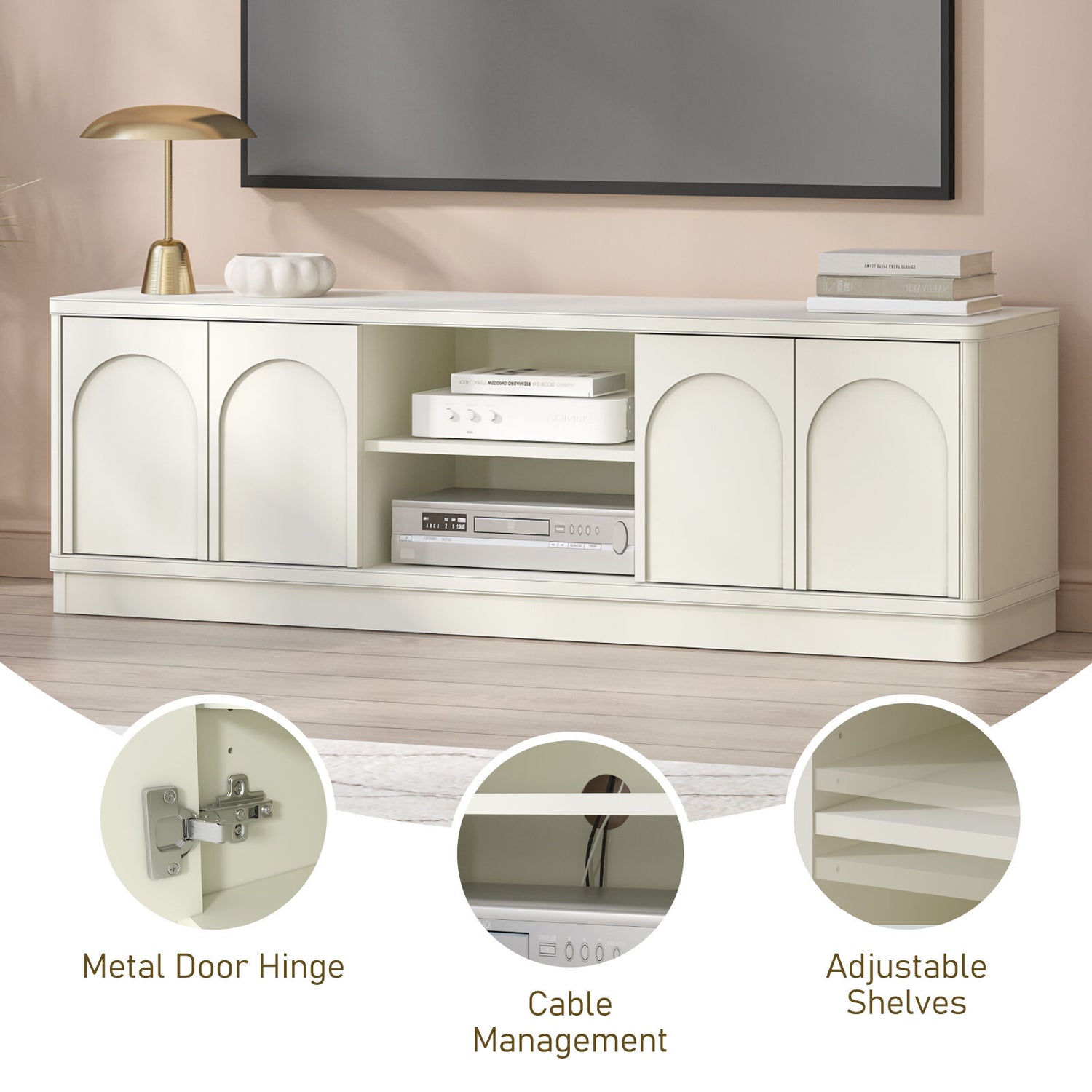Soren Arched 140cm TV Entertainment Unit - Elegant White Cabinet with Adjustable Storage