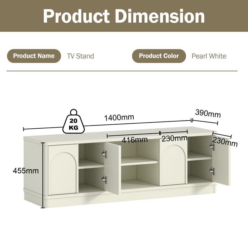 Soren Arched 140cm TV Entertainment Unit - Elegant White Cabinet with Adjustable Storage