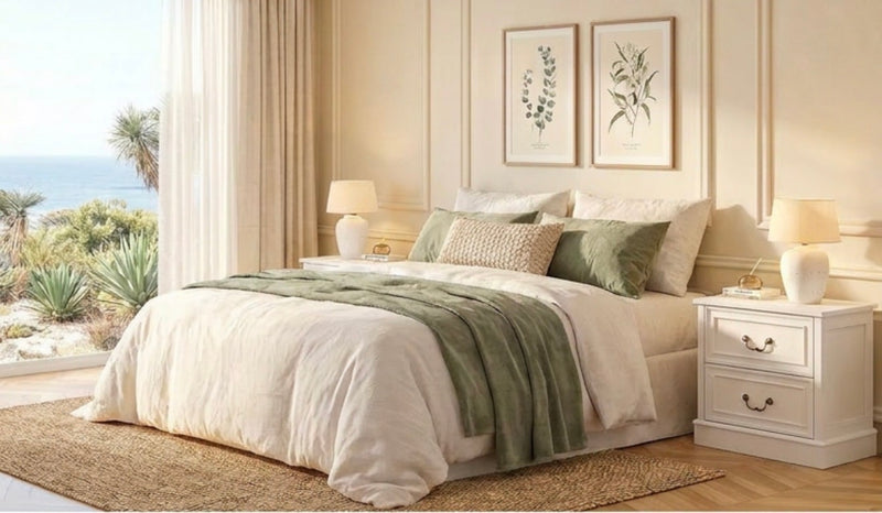 Neatly made bed with green and beige bedding in a bedroom with white walls and decor.