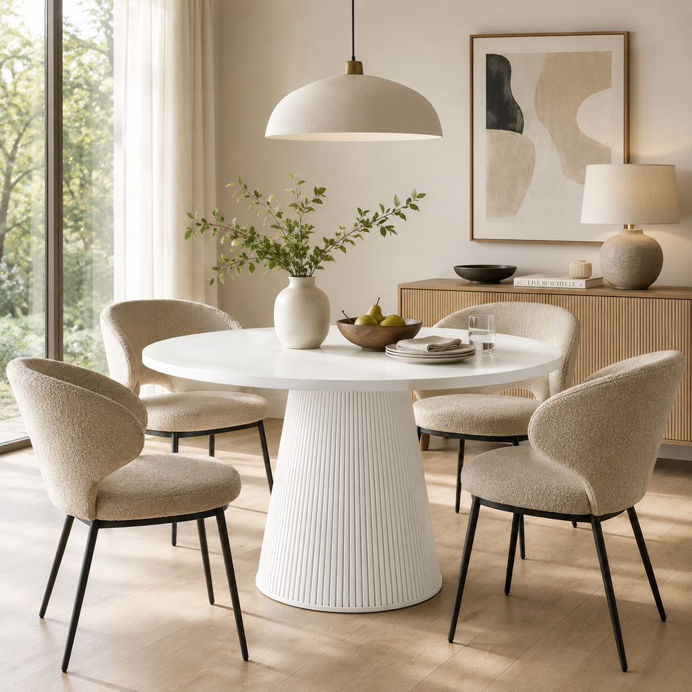SELENE Fluted Round Dining Table – 120cm White