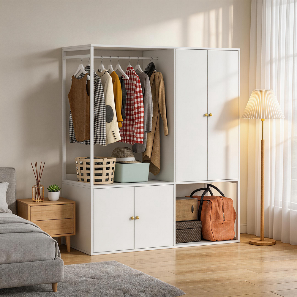 White wardrobe with clothes and bags in a bedroom setting