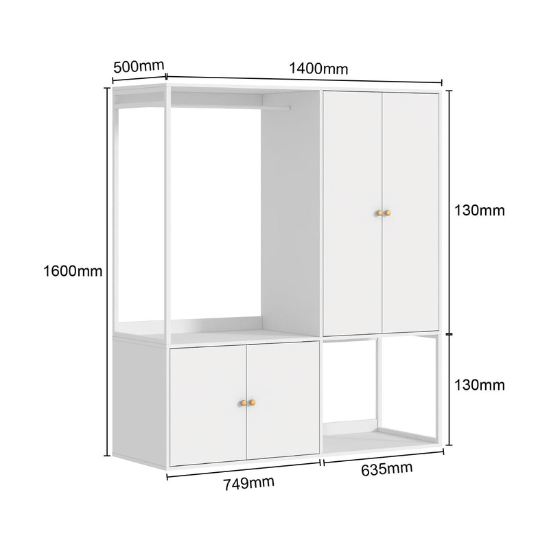 White storage unit with dimensions labeled on a white background