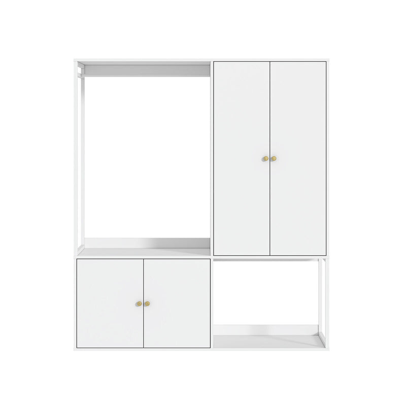 White cabinet with glass doors and gold handles on a white background