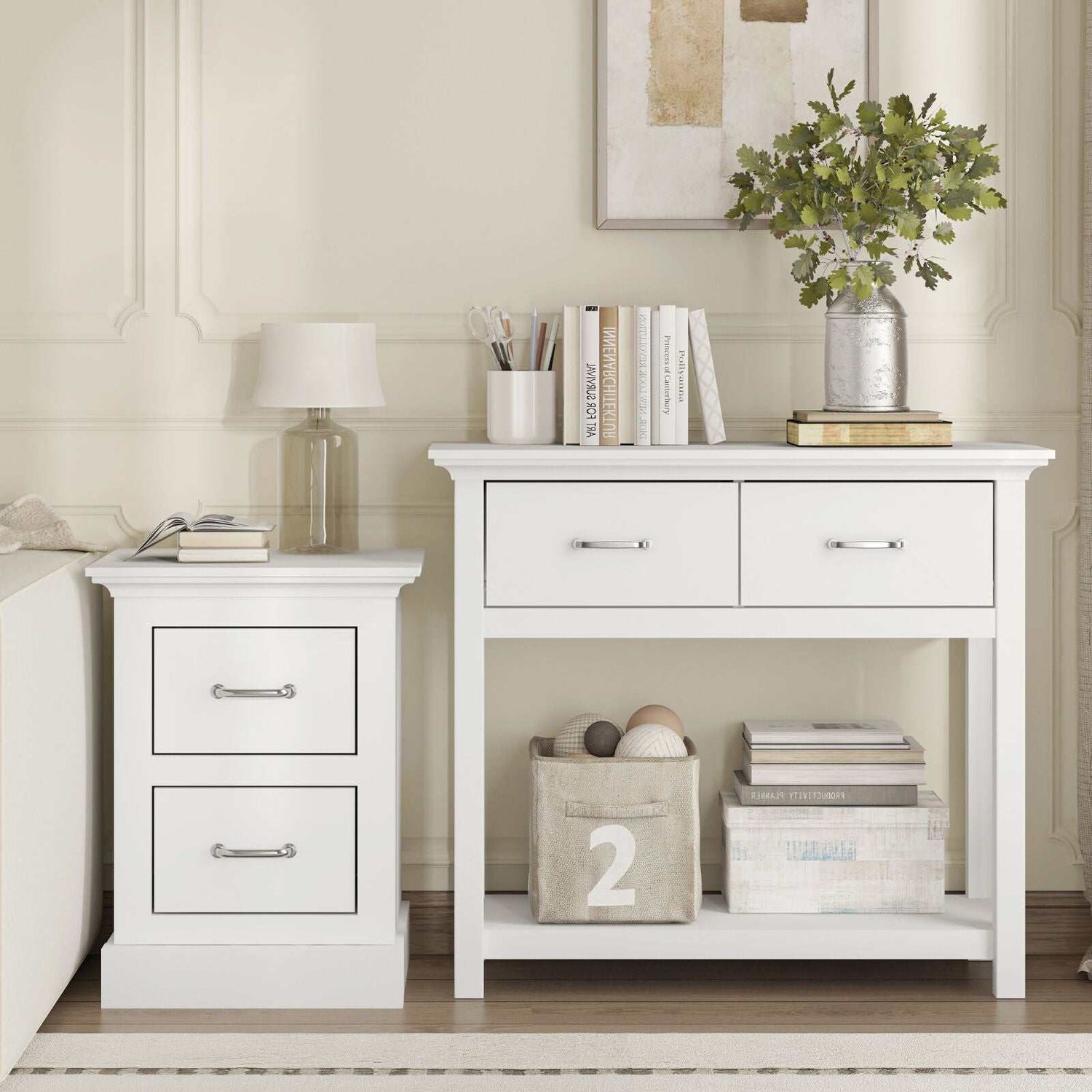 White Ashford console and bedside table set with drawers and shelving for home storage solutions.