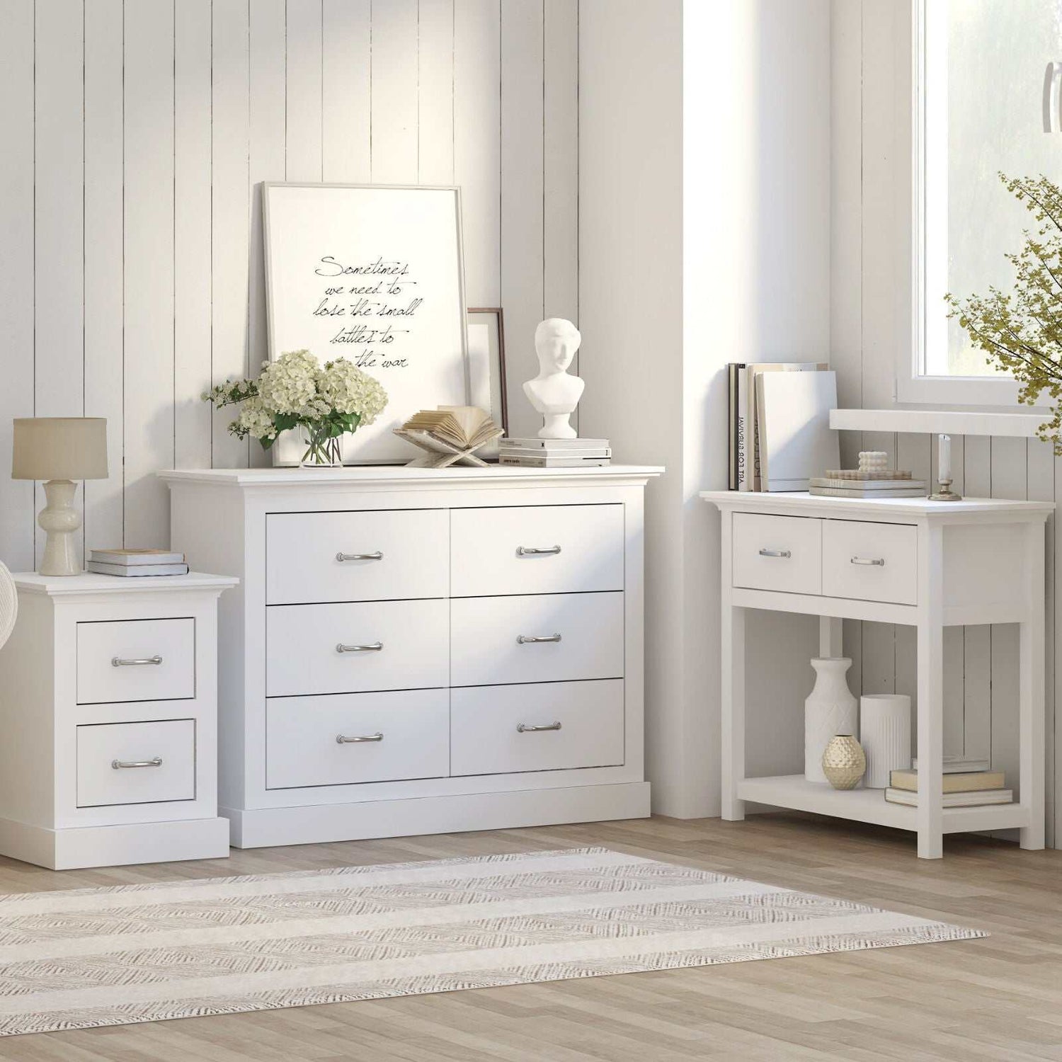 Ashford Bedroom Set with 6-drawer dresser, bedside table, and 2-drawer console table in white finish.