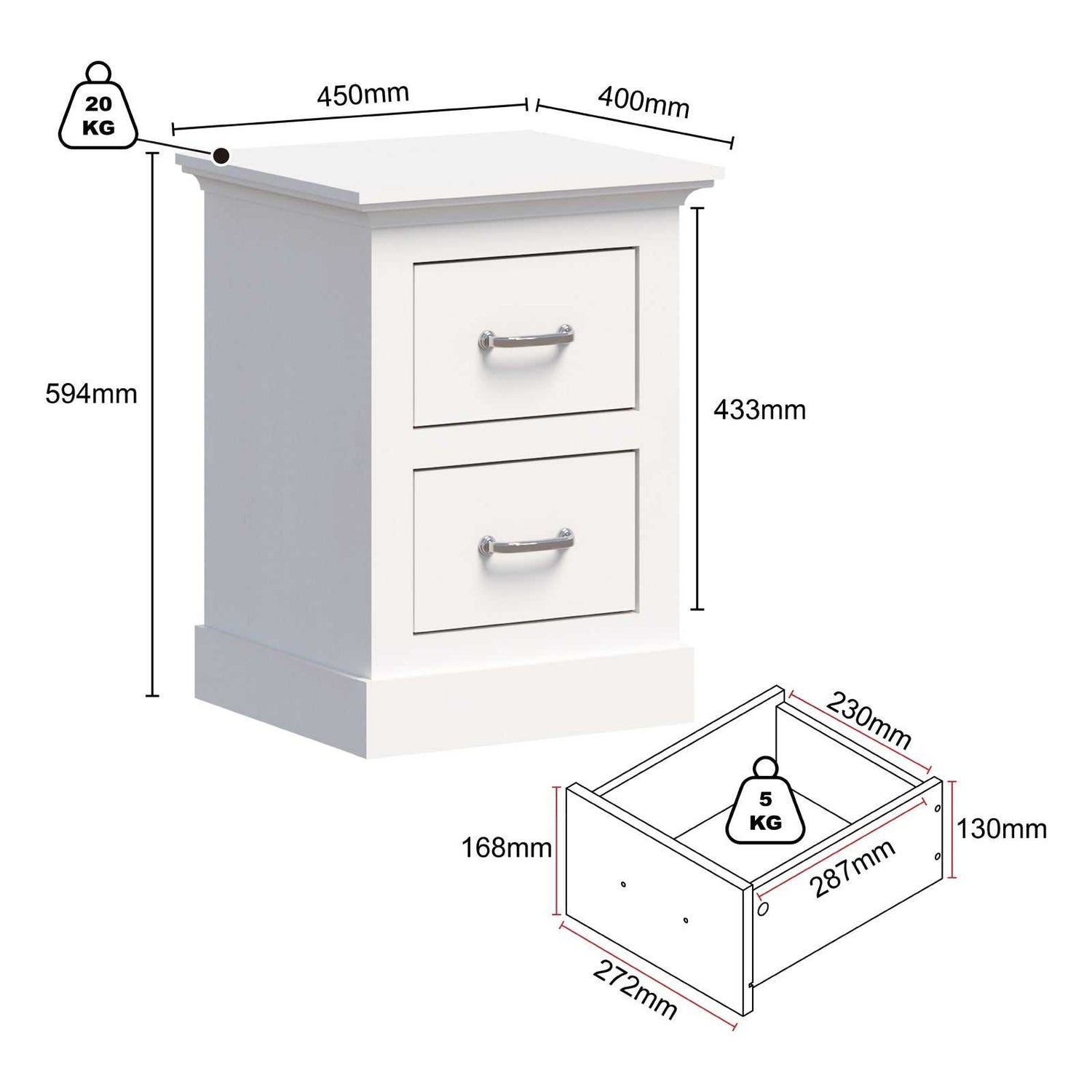 Ashford White 2 Drawer Bedside Table  - Elegant Storage Solution for Your Bedroom