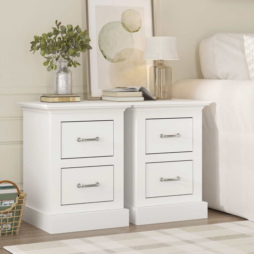 Ashford White Bedside Tables with Dresser Set of 2 featuring classic design and two-drawer storage in a crisp white finish.