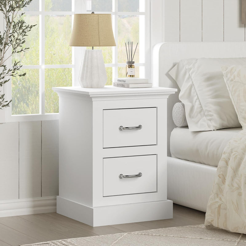 Elegant Ashford White 2-Drawer Bedside Table in bedroom setting with lamp and decor.