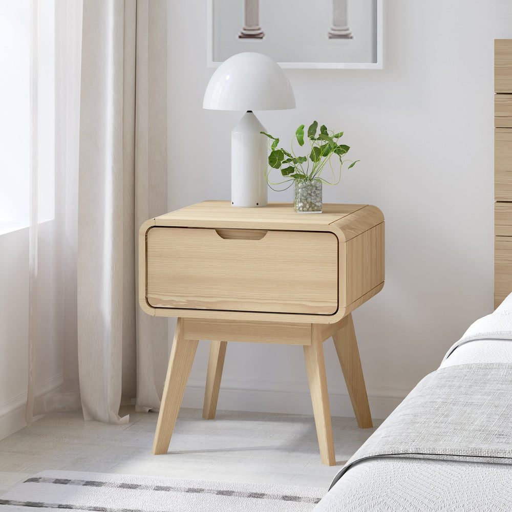 Wabi-Sabi 1 Drawer Bedside Table with natural finish and mid-century modern design.