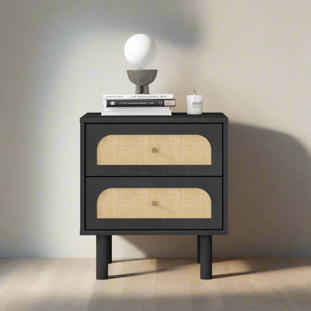 Elisa 2 Drawer Bedside Table with black design, gold knob, and cylindrical legs for modern bedroom.