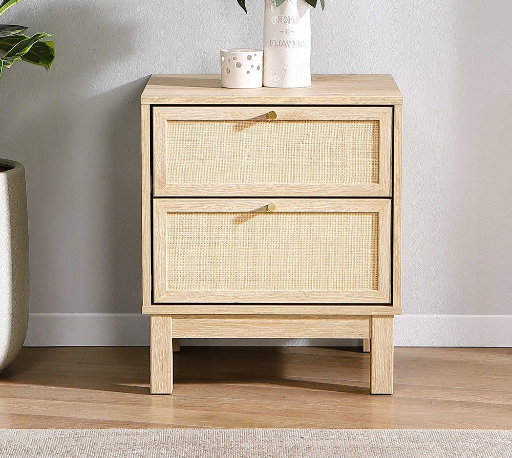 Ballina 2 Drawer Bedside Table with sleek design and gold knob handles.