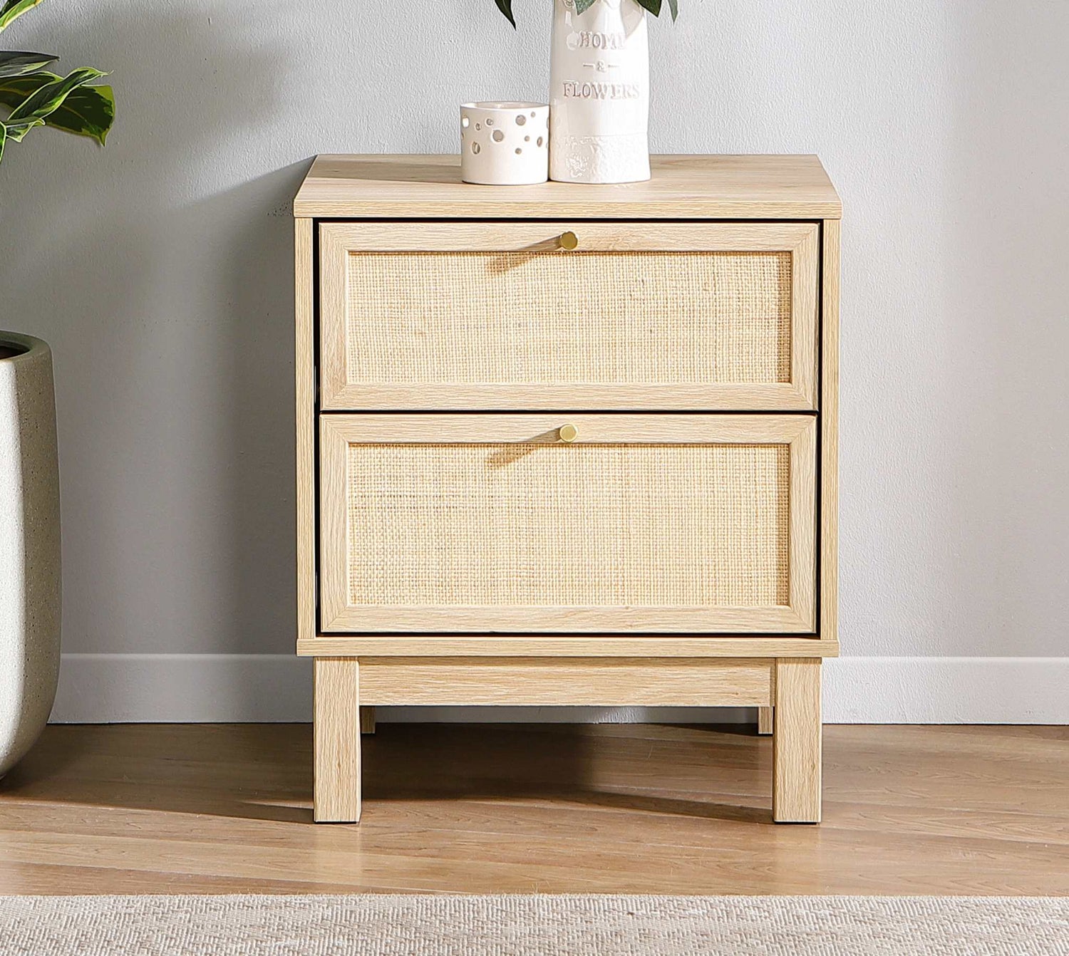 Ballina 2 Drawer Bedside Table with sleek design and gold knob handles.