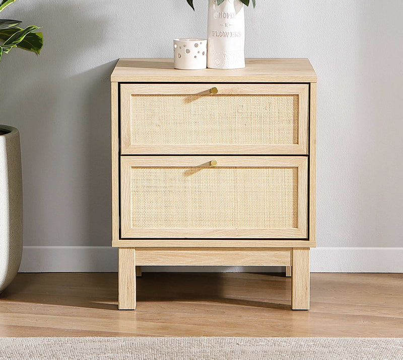 Ballina 2 Drawer Bedside Table with sleek design and gold knob handles.