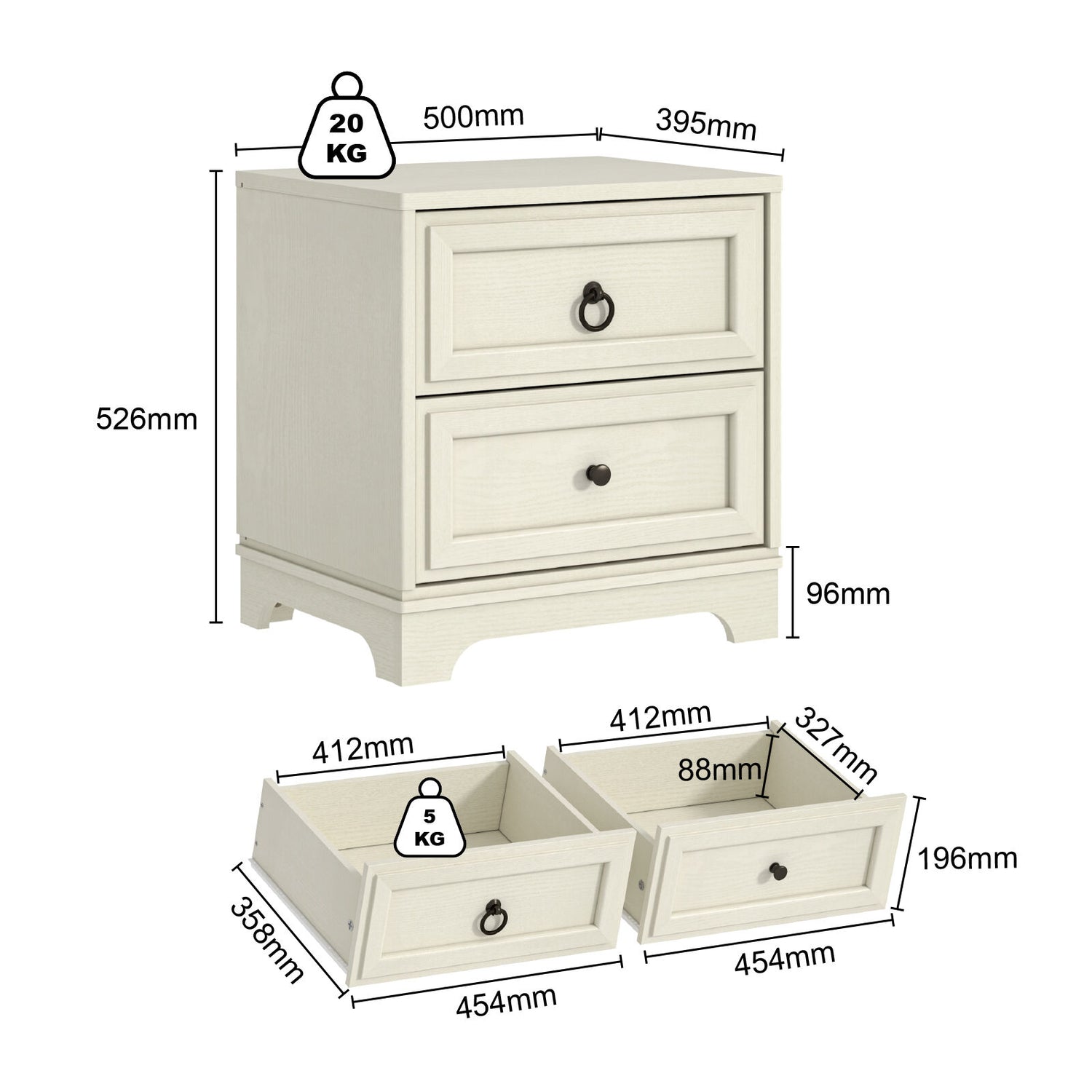 Cabot White 2 Drawer Bedside Table