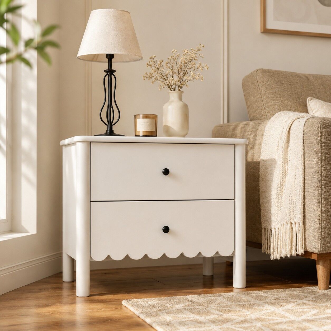 Harla White 2-Drawer Bedside Table with Scallop Cloud Edge