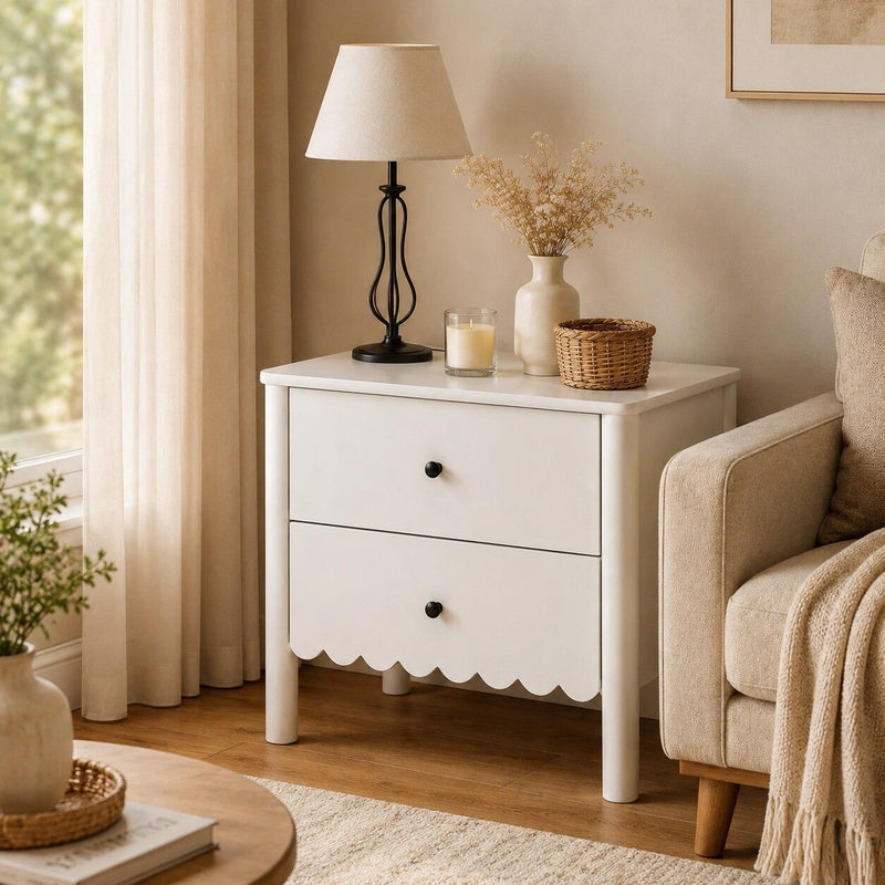 Harla White 2-Drawer Bedside Table with Scallop Cloud Edge