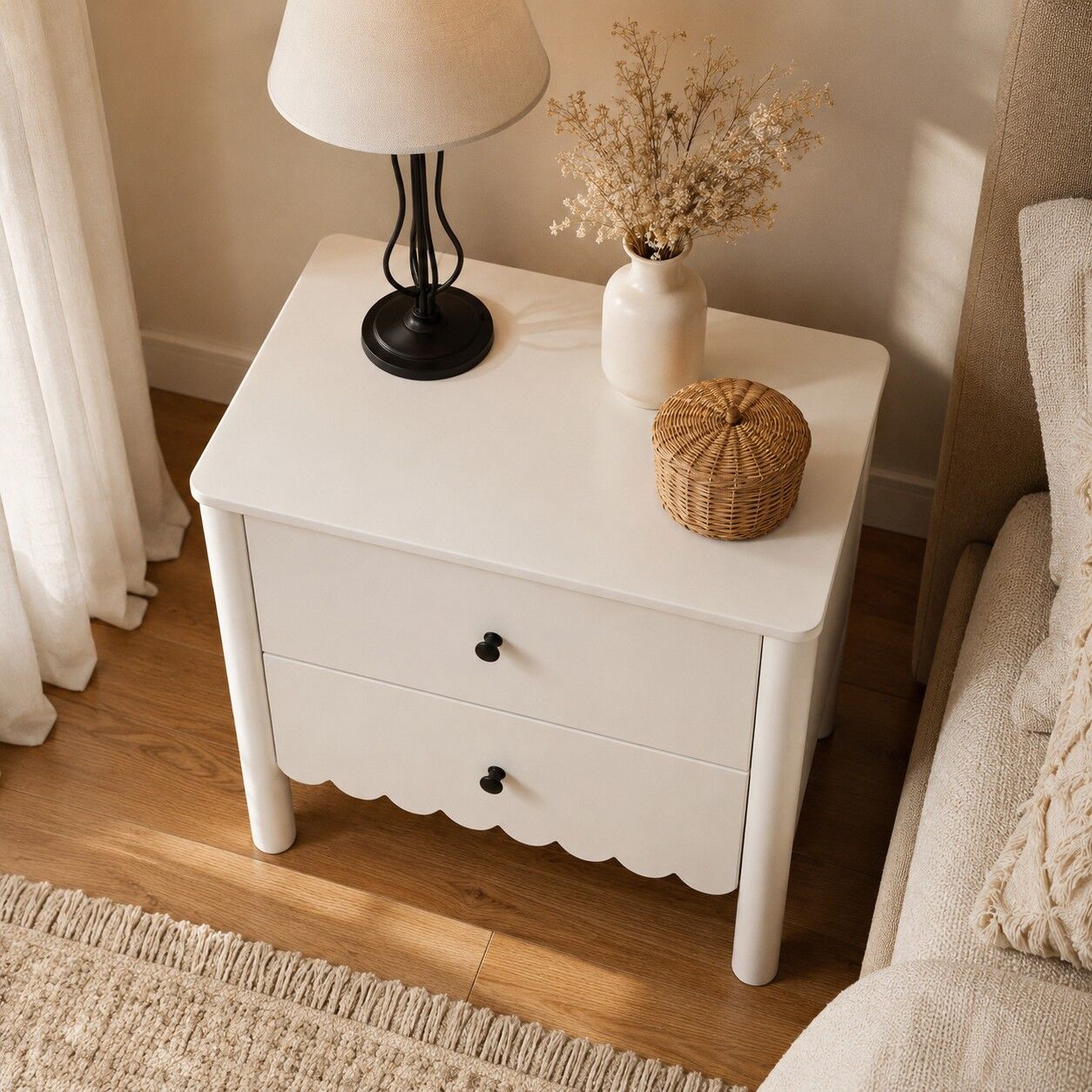 Harla White 2-Drawer Bedside Table with Scallop Cloud Edge