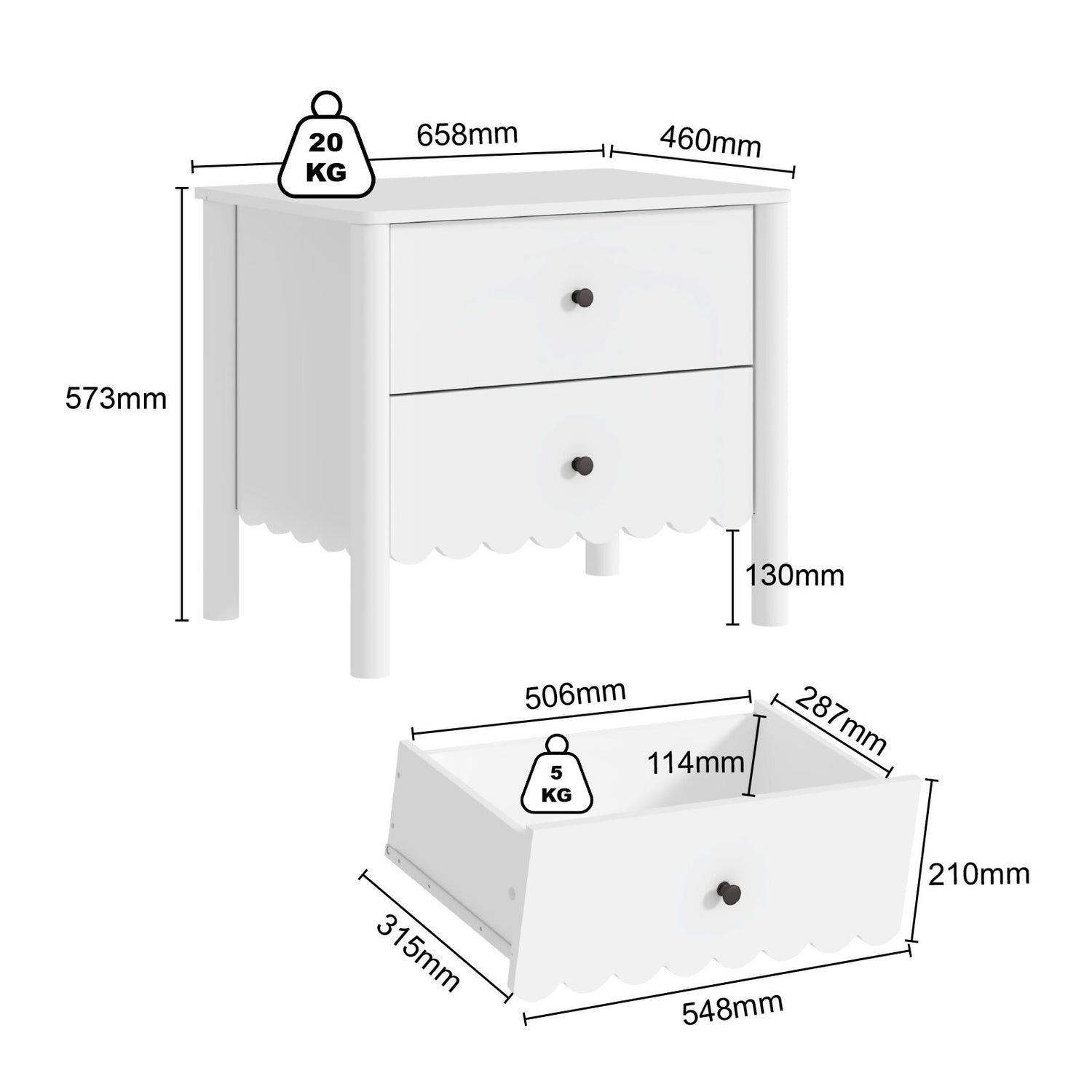 Harla White 2-Drawer Bedside Table with Scallop Cloud Edge