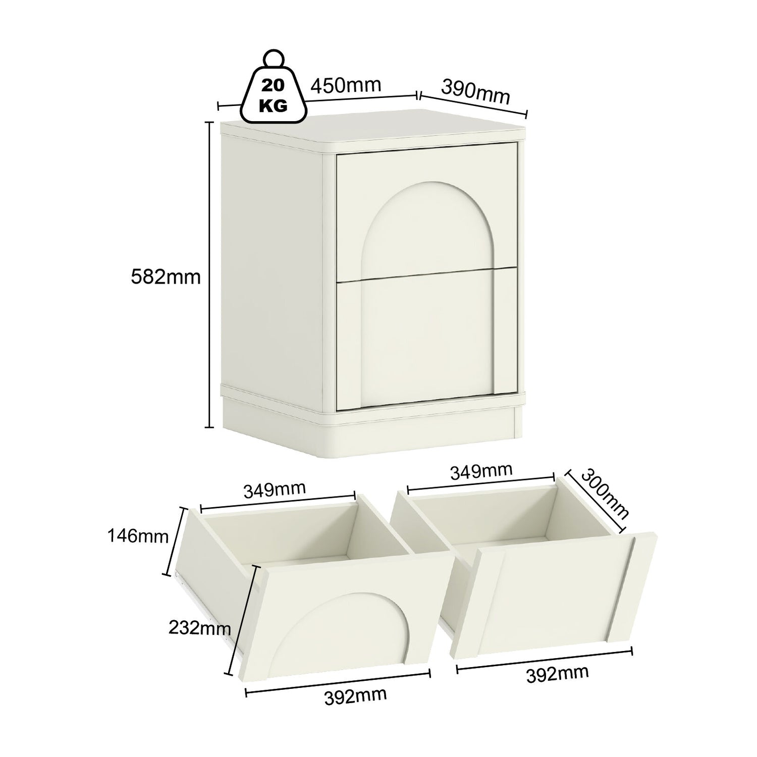 White cabinet with dimensions and weight label on a white background